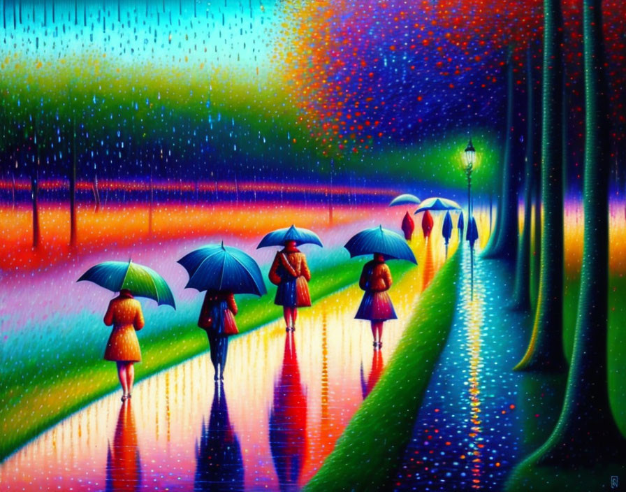 Colorful painting of people with umbrellas on rain-soaked path.