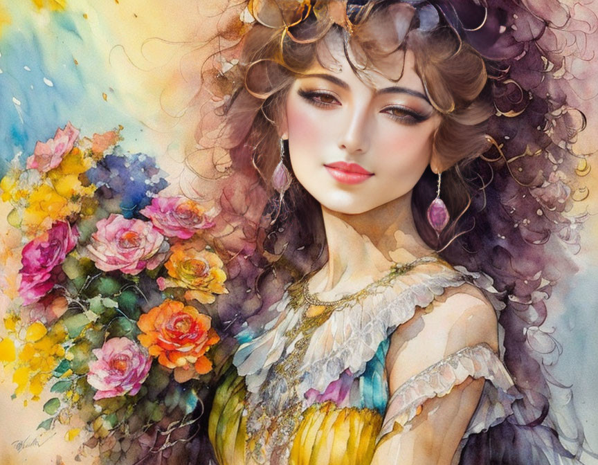 Soft Pastel Watercolor Illustration of Woman with Flowing Hair and Flowers