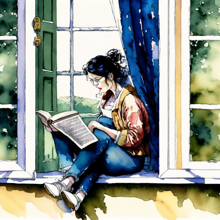 Watercolor illustration of woman reading by window with greenery view