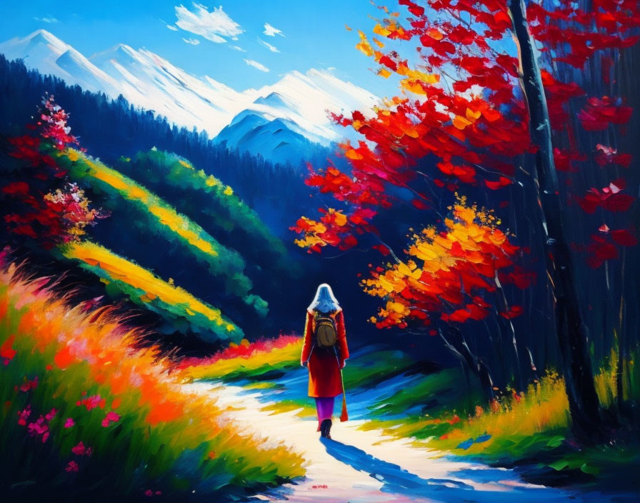 Person in Red Coat Walking Through Autumn Woods with Snow-Capped Mountains