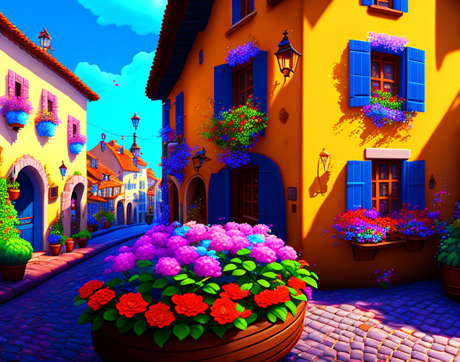 Colorful cobblestone street with yellow houses, blue shutters, and vibrant flowers beneath clear sky