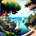 Colorful waterside pathway to vibrant village with boats & lush trees