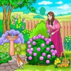 Traditional dress woman in vibrant garden with bird bath