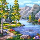 Colorful riverside village painting with stone bridge and autumn trees