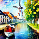 Vibrant illustration of boat on canal with futuristic tower