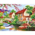 Idyllic countryside homes by serene river in vibrant painting