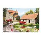 Colorful Watercolor Painting: European Village Street with Stone Houses and Floral Decorations