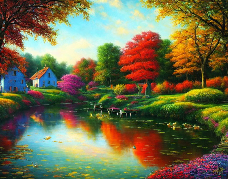 Colorful Autumn Landscape Painting with River and Houses