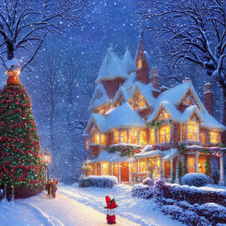 Snow-covered house with Christmas decorations in winter scene