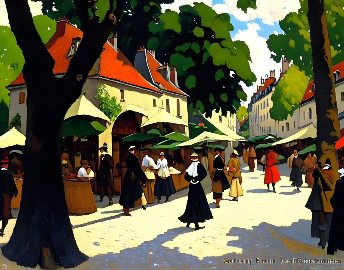 Vibrant market scene with vintage-clad people and tree-lined pathways