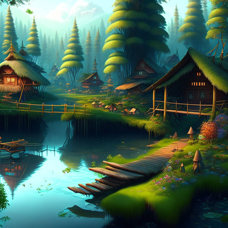 Tranquil pond with rustic wooden houses and lush greenery