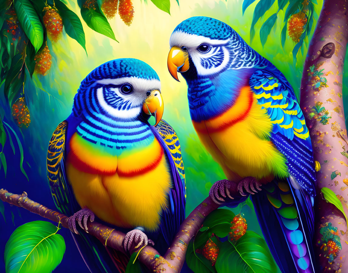 Vibrantly colored parrots on lush tropical branch with bright foliage