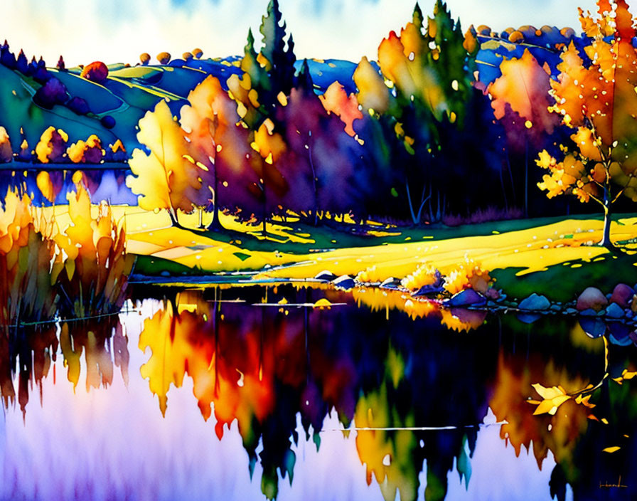 Colorful autumnal landscape with trees and lake in watercolor