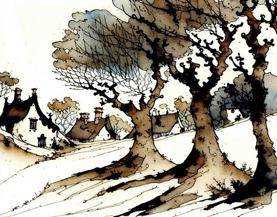 Bare trees and quaint houses in wintry ink and watercolor scene