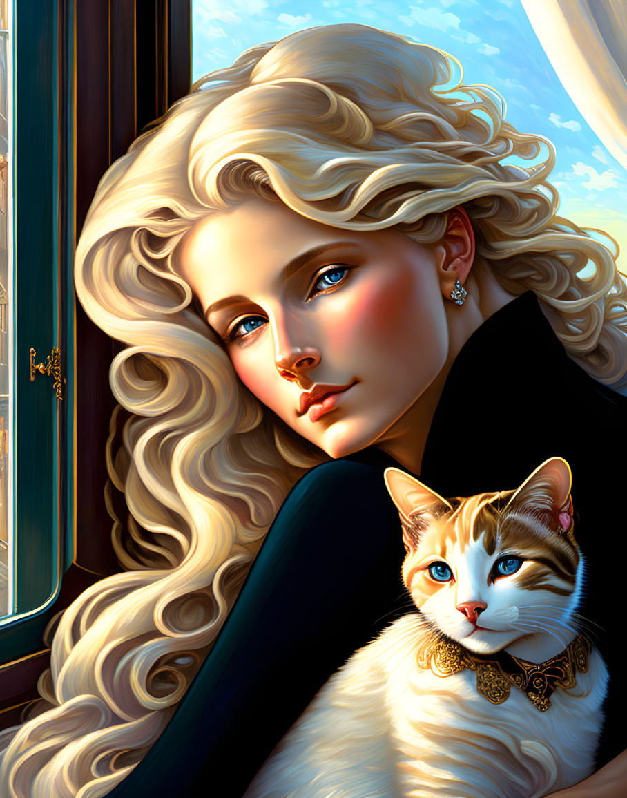 Blonde woman with blue eyes holding cat by sunny window