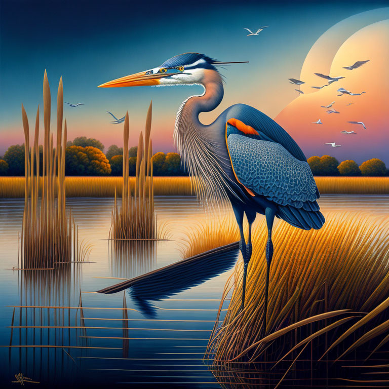 Majestic heron by water's edge at sunset with full moon and flying birds