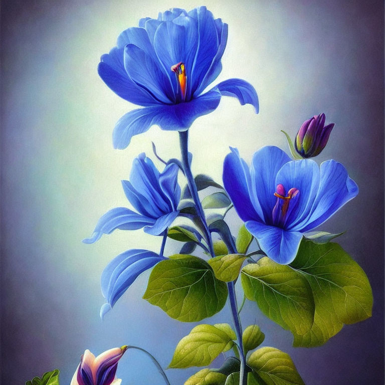 Digitally enhanced image of vibrant blue flowers with lush green leaves