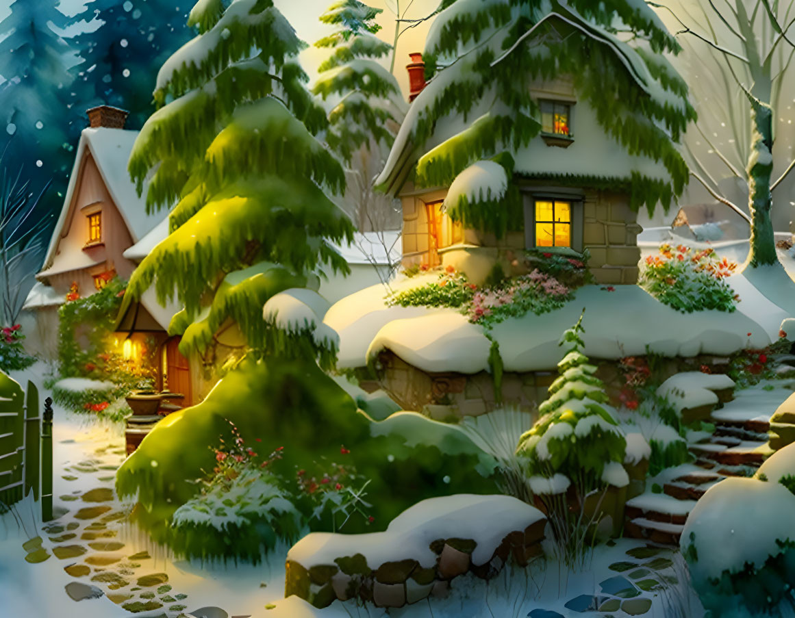 cozy cottage with a garden in winter