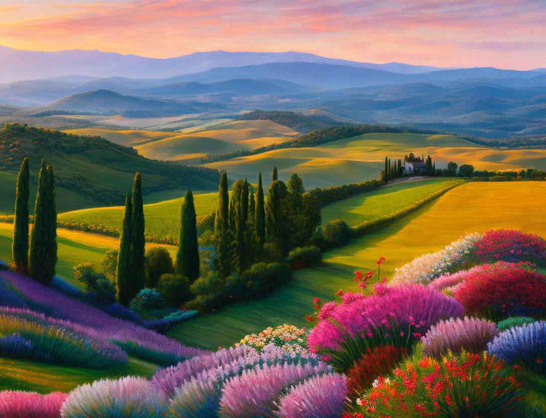 Vibrant wildflowers and cypress trees in colorful sunrise landscape
