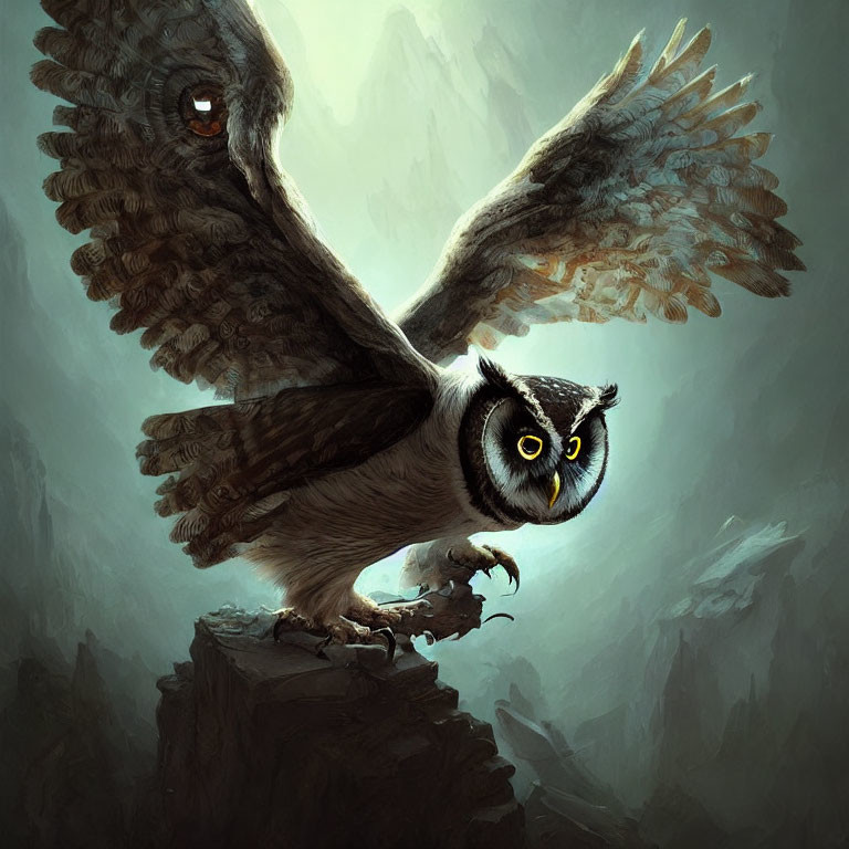 Majestic owl perched on cliff with expressive eyes and mysterious creature's eye in background