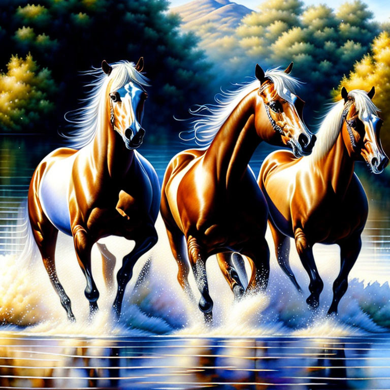 Majestic horses galloping in water with autumn trees in background