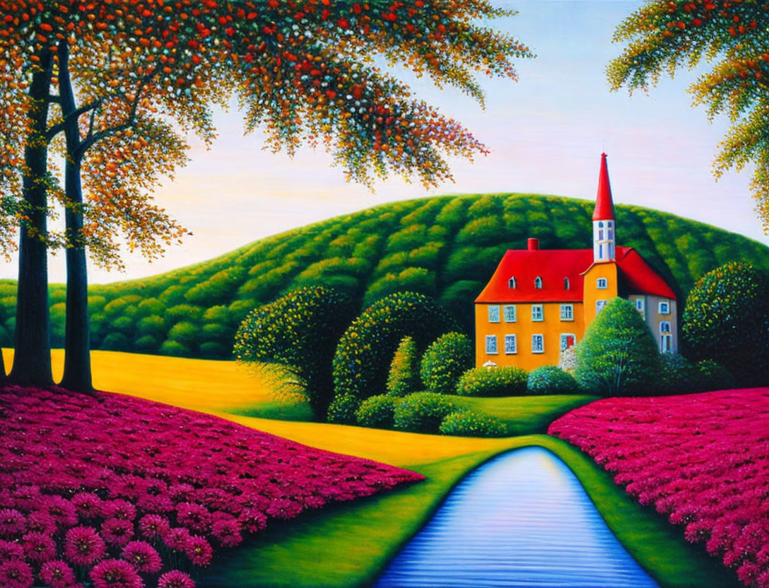 Colorful painting of red-roofed house in green hills with stream and pink flora