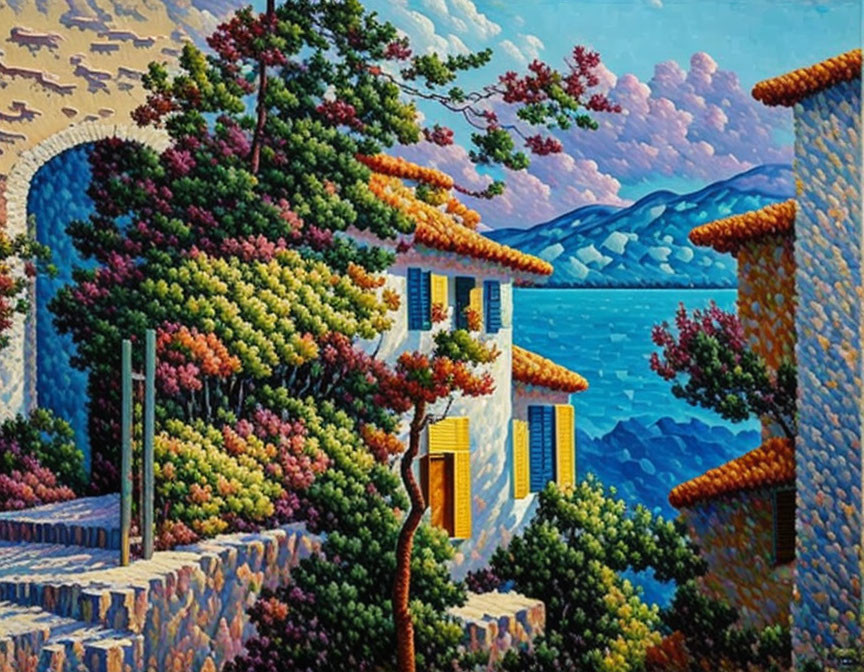 Colorful Coastal Mediterranean Scene with Trees, White House, and Blue Sea