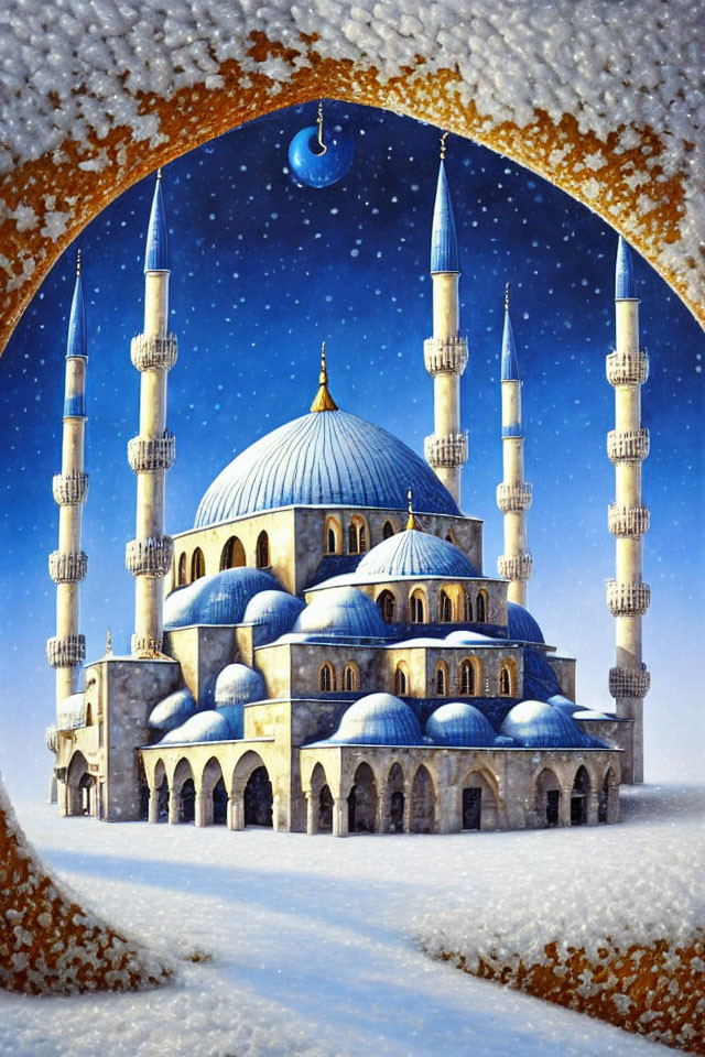 Mosque illustration with domes and minarets in snowy night scene