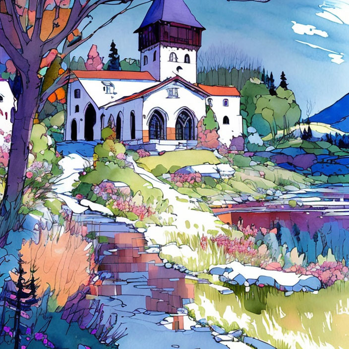 Colorful Watercolor Illustration of Church in Landscape