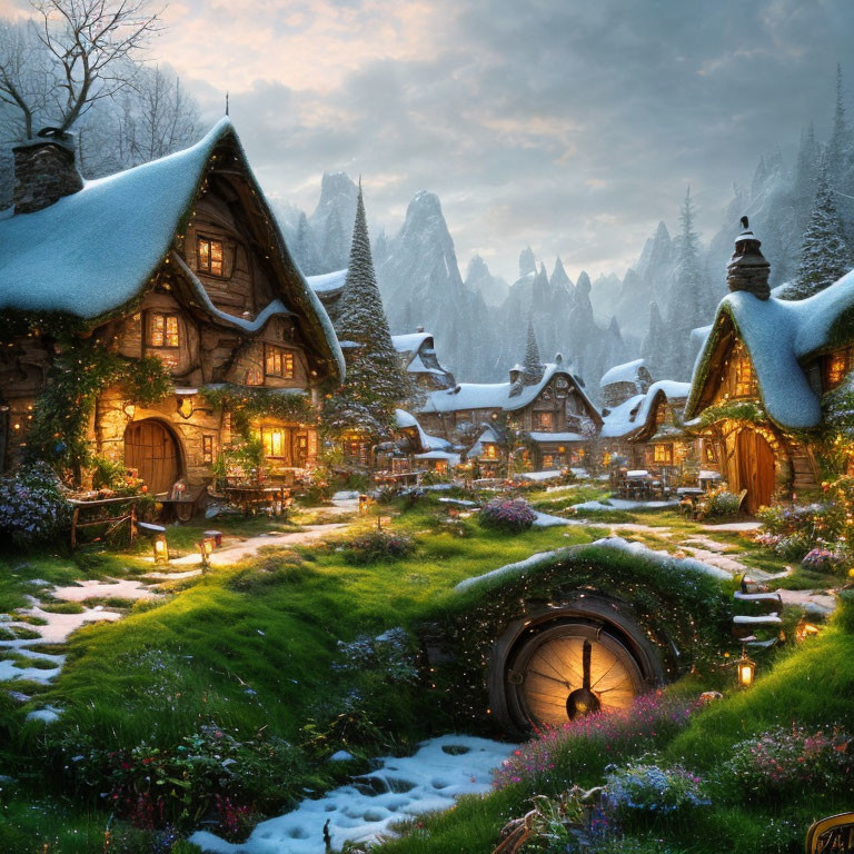 Snow-covered village with glowing windows in forest at dusk