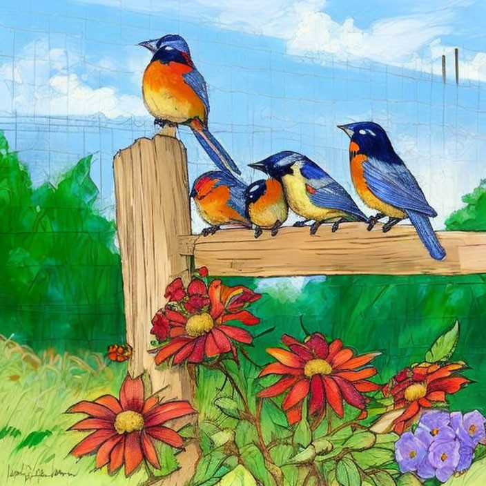 Vibrant bird illustration on wooden fence with flowers & blue sky