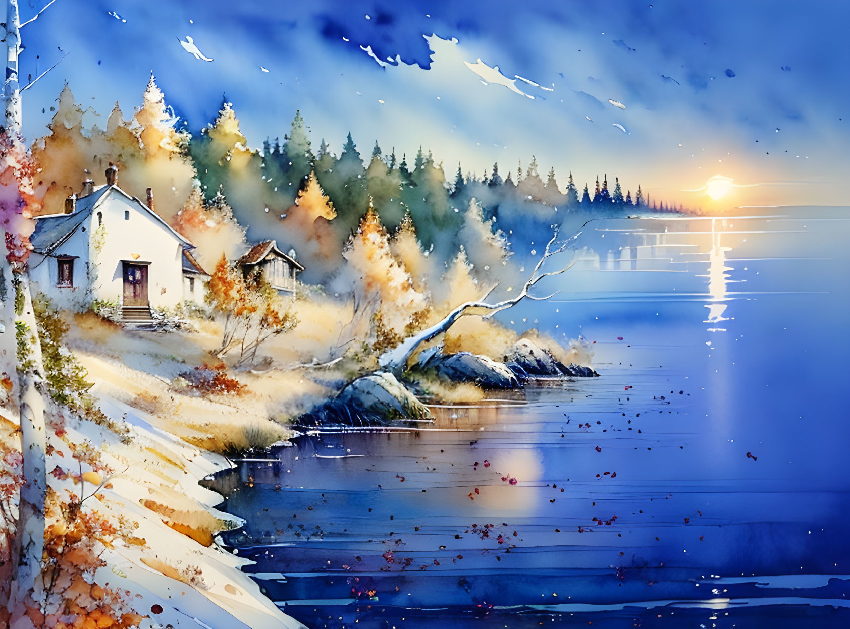 Snowy Landscape Watercolor Painting with Cozy Cottage, Lake, Trees, and Setting Sun