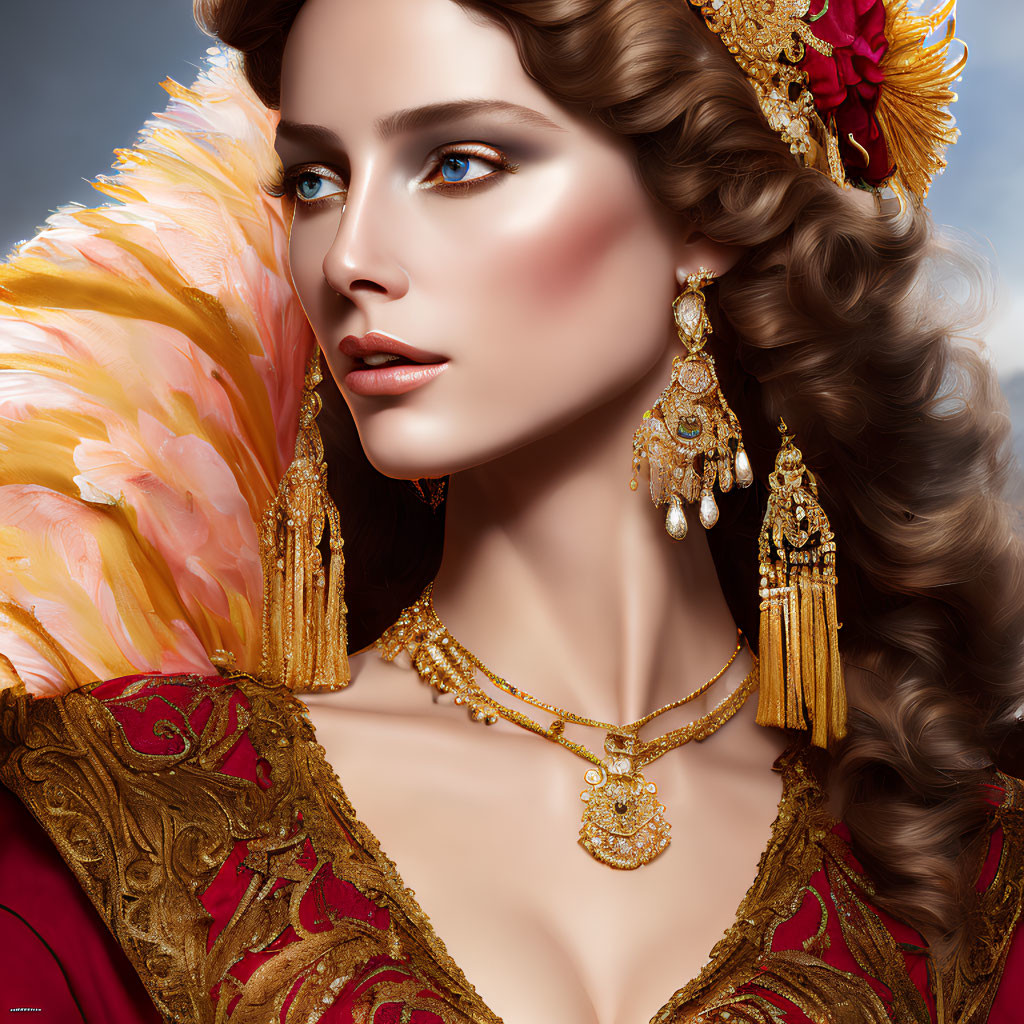 Digital portrait of woman with blue eyes, gold jewelry, and red-gold robe.