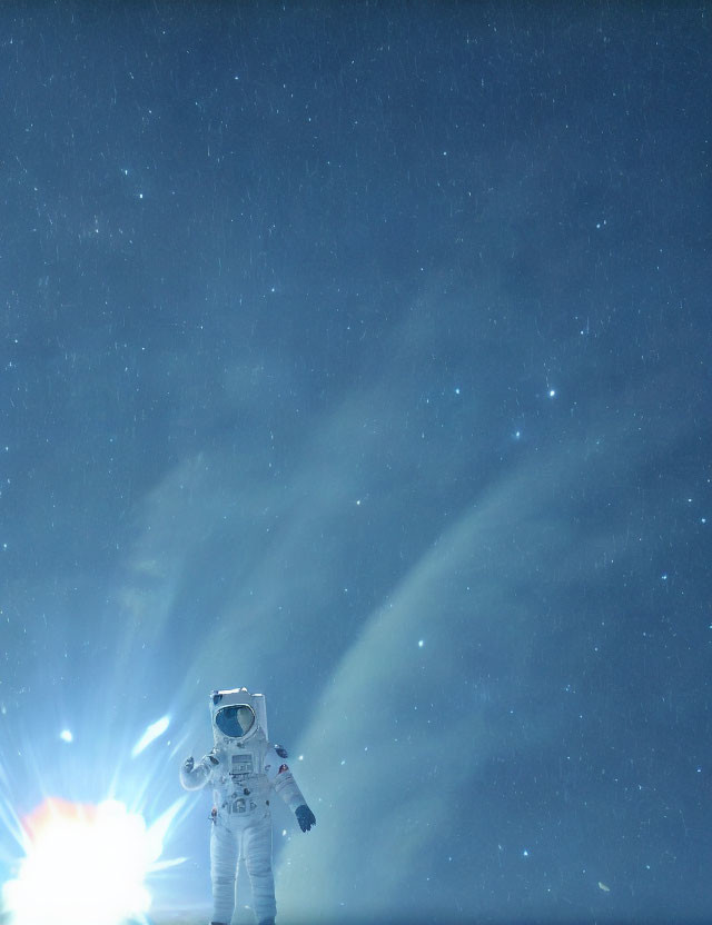 Astronaut under starry sky with bright light source