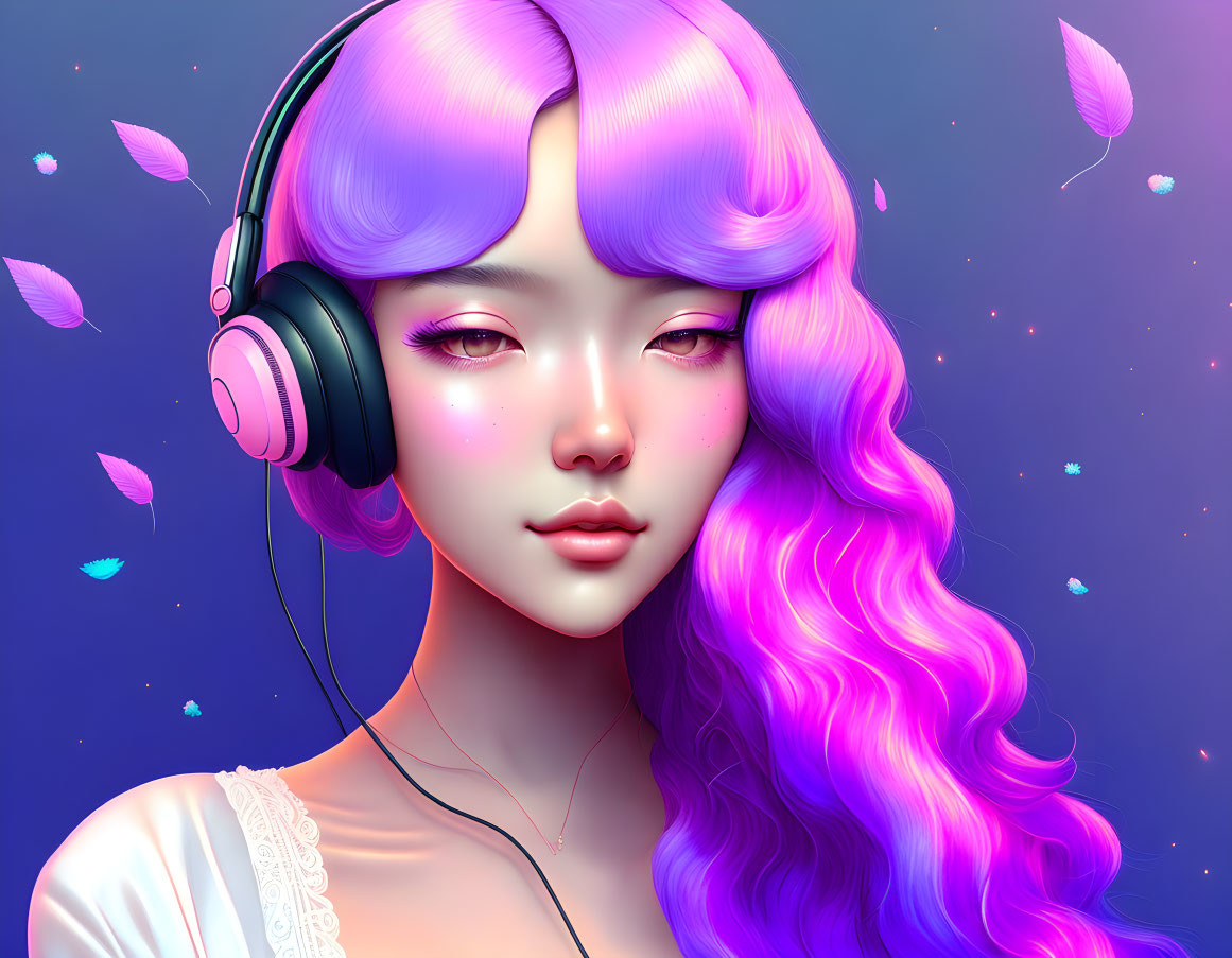 Digital Artwork: Girl with Purple Hair, Headphones, and Floating Petals on Blue Background