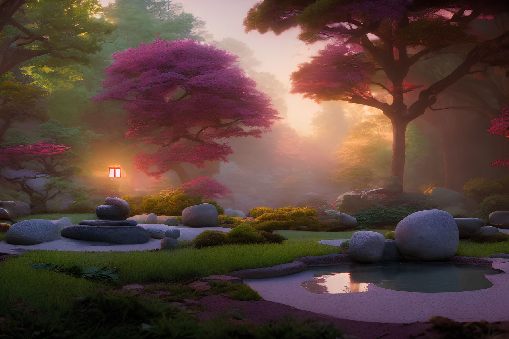 Tranquil Dusk Garden with Pink Trees and Pond