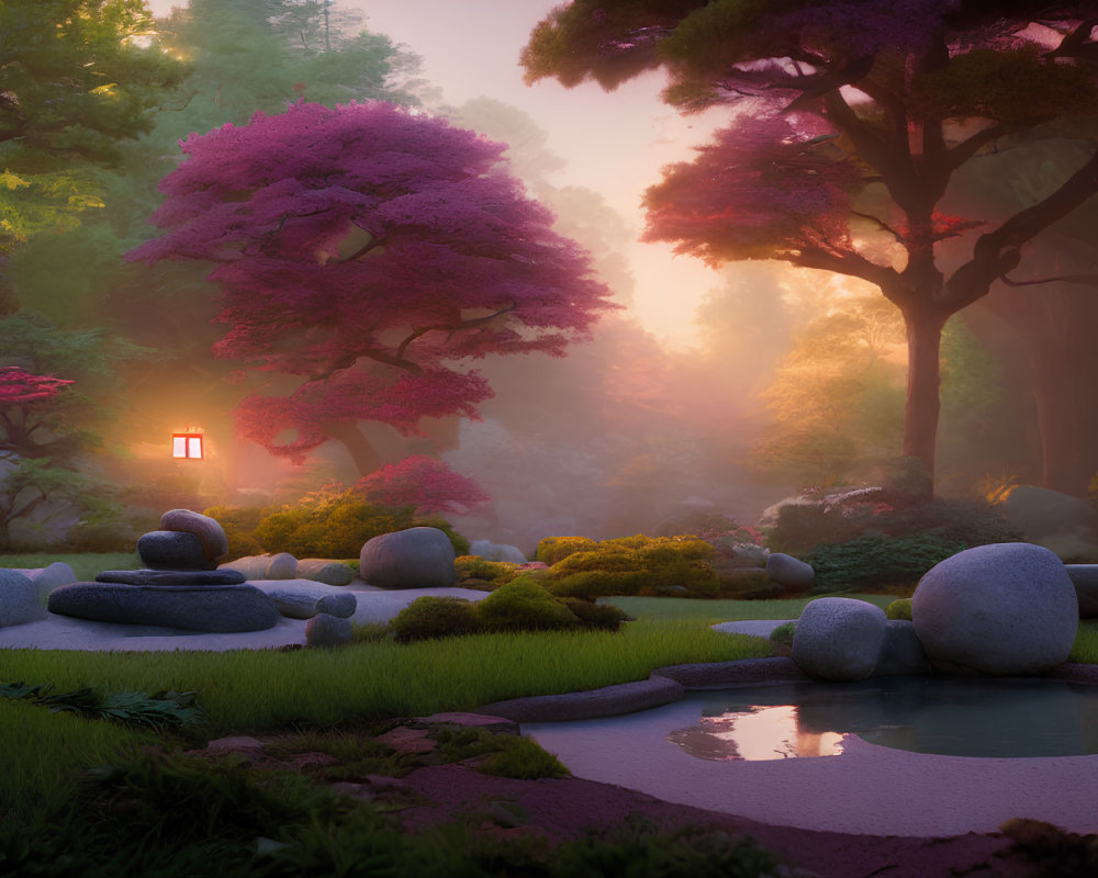 Tranquil Dusk Garden with Pink Trees and Pond