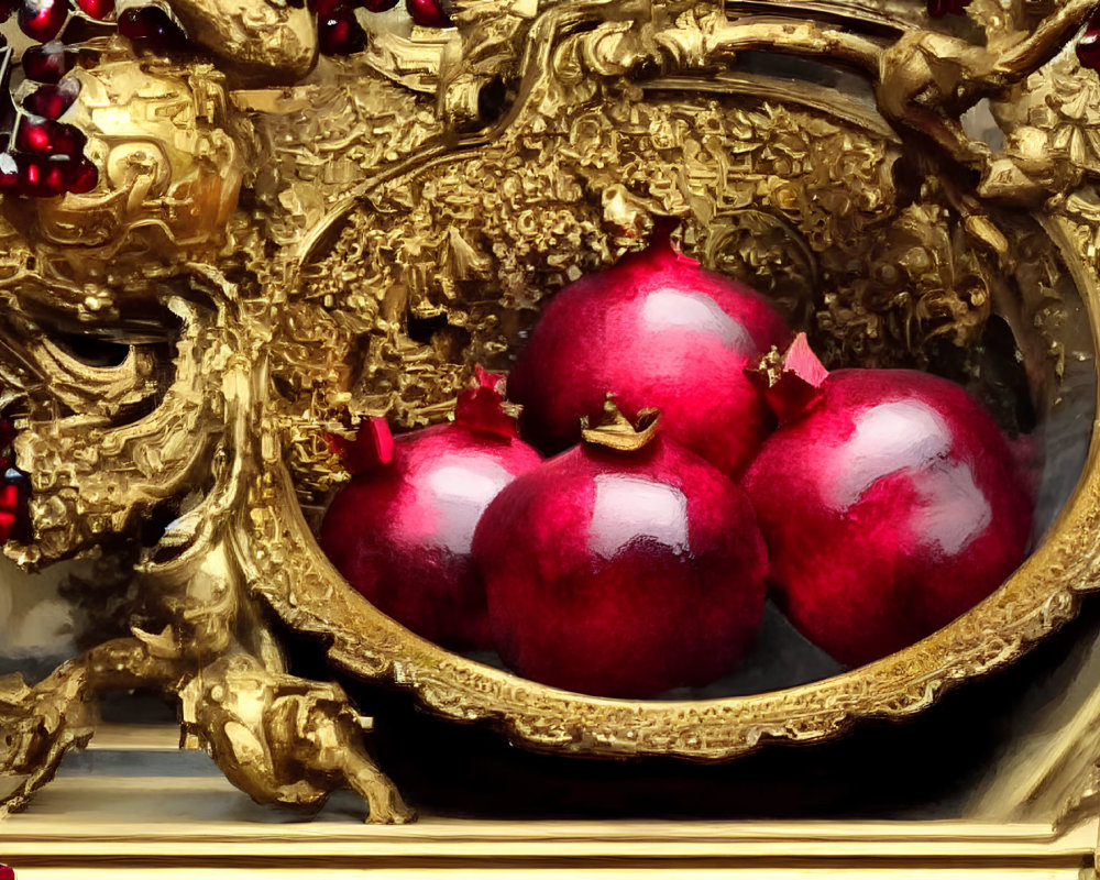 Vibrant red pomegranates in gold bowl with intricate designs