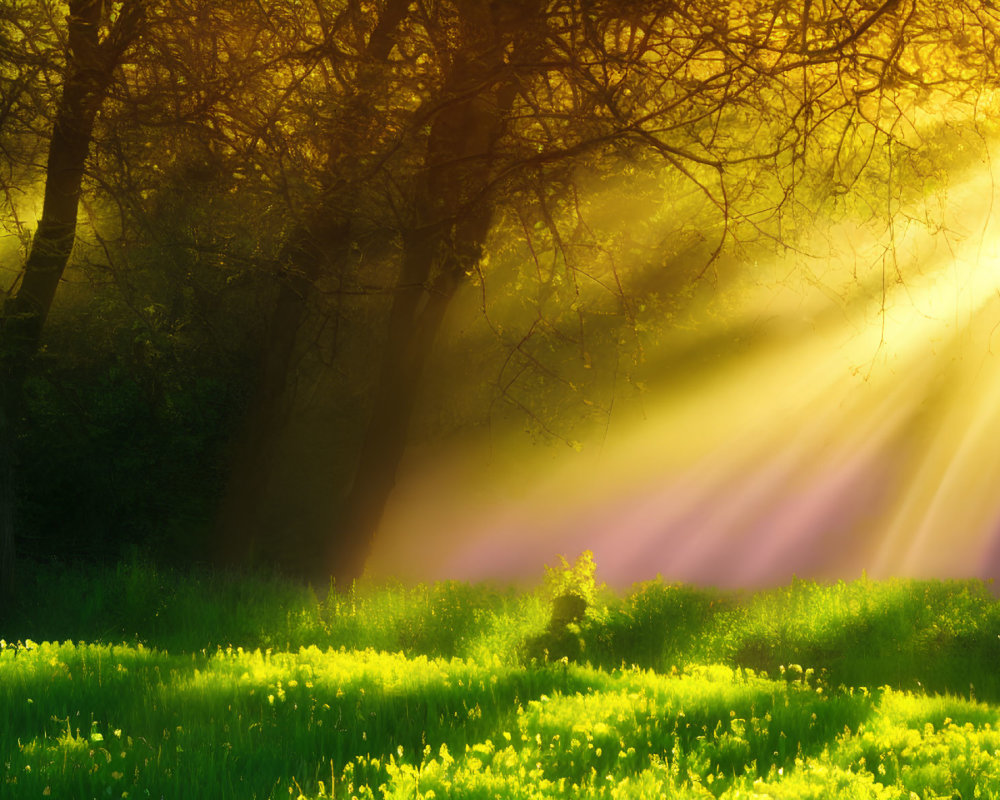 Vibrant green forest with sun rays, misty morning, and field of flowers