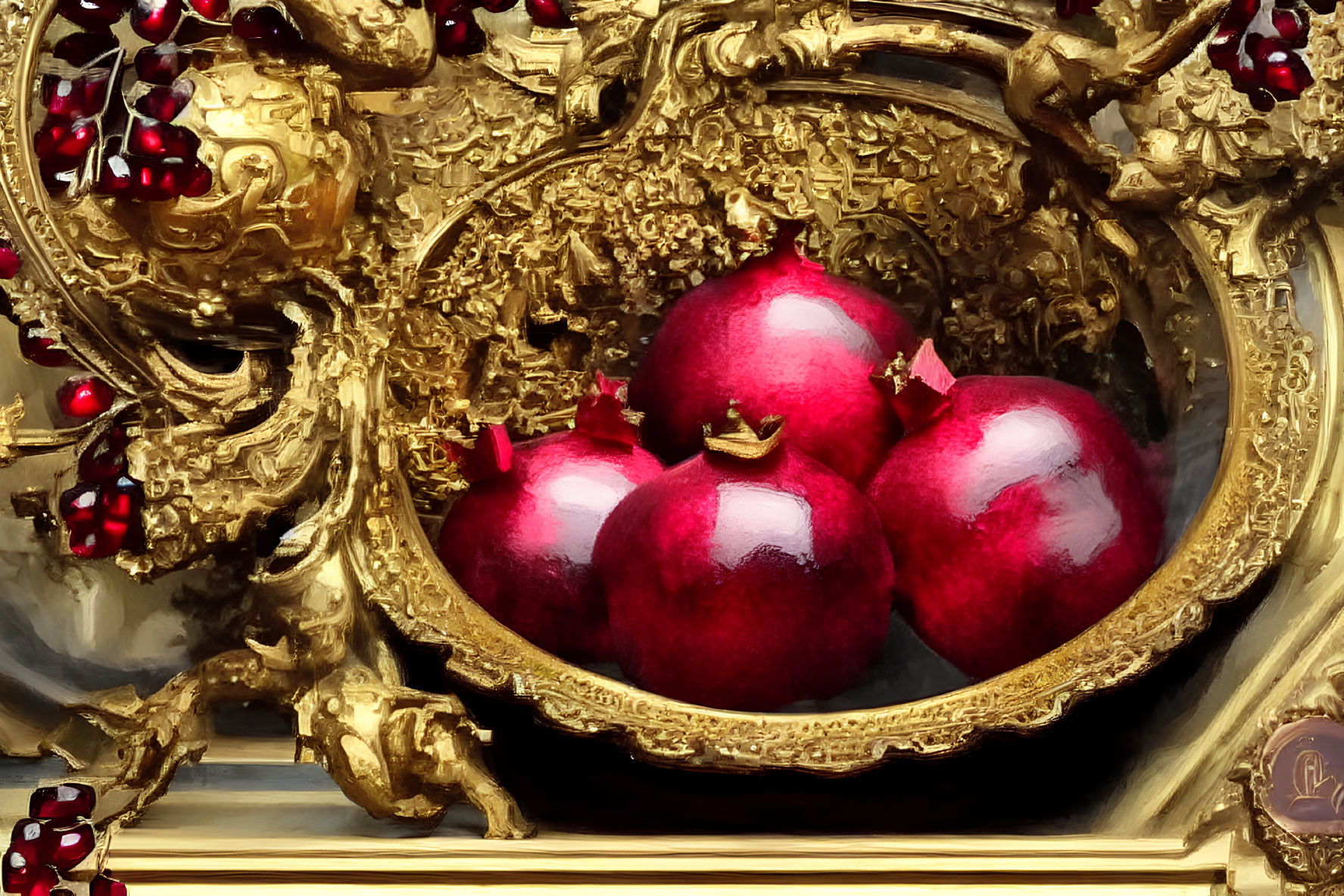 Vibrant red pomegranates in gold bowl with intricate designs