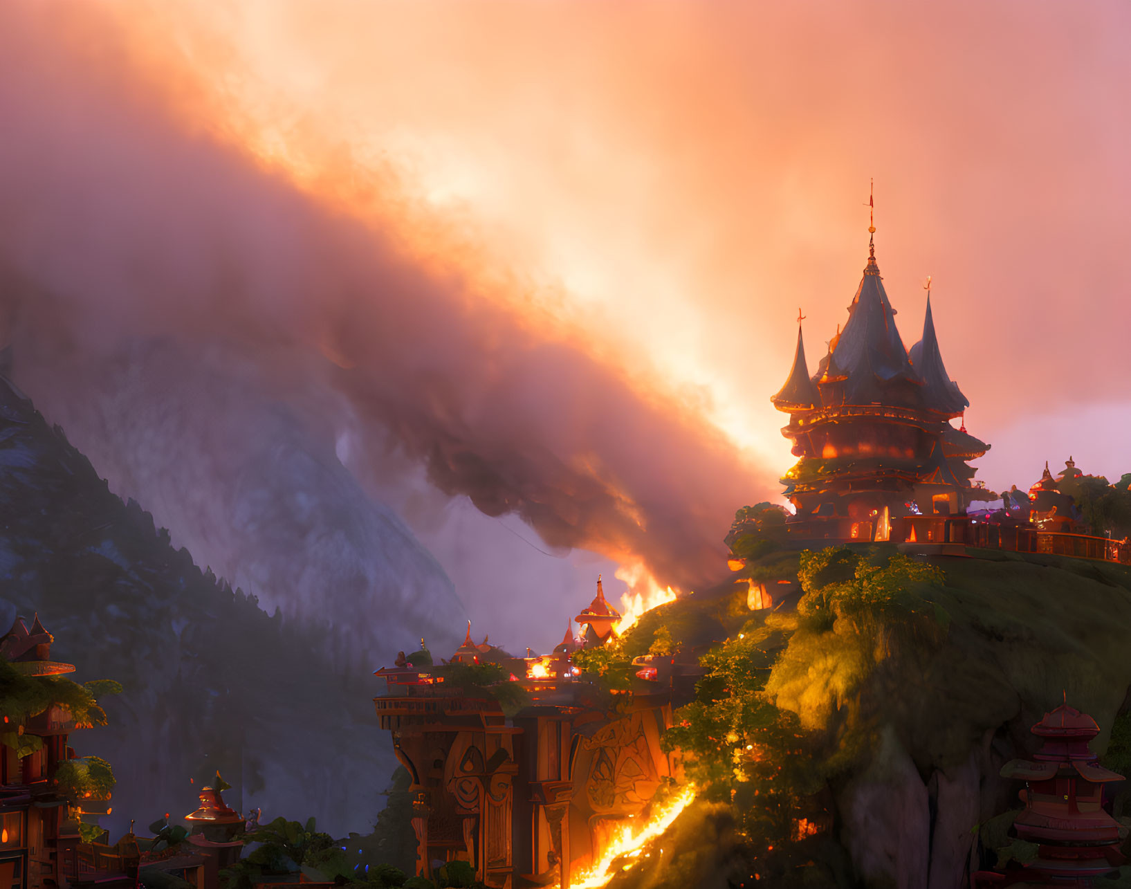 Pagoda-style structure on cliff at sunset with smaller buildings and dramatic clouds