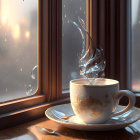 Steaming cup of tea by rain-spattered window at dusk