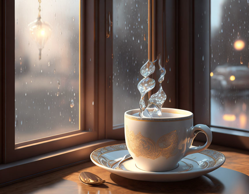 Steaming cup of tea by rain-spattered window at dusk