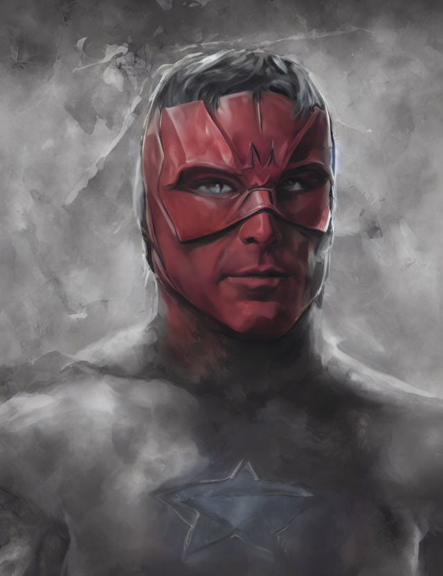 Male superhero digital artwork: red masked, star emblem, serious expression, smoky backdrop