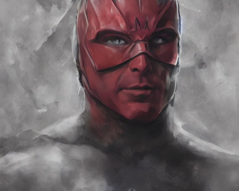 Male superhero digital artwork: red masked, star emblem, serious expression, smoky backdrop