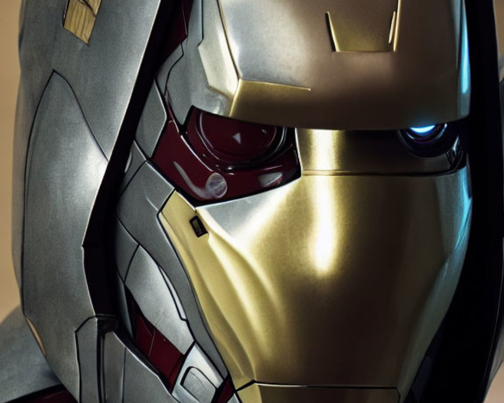 Detailed Metallic Gold and Red Futuristic Helmet with Glowing Eyes
