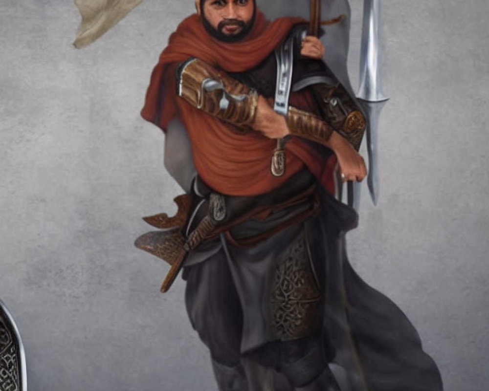 Medieval warrior illustration in armor with sword and standard