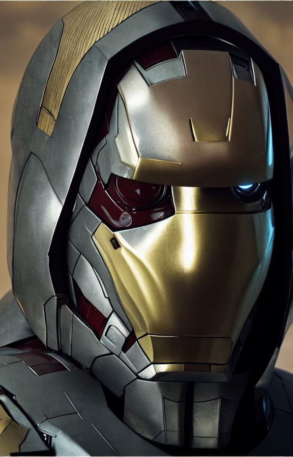 Detailed Metallic Gold and Red Futuristic Helmet with Glowing Eyes