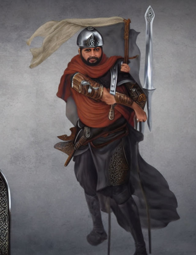 Medieval warrior illustration in armor with sword and standard