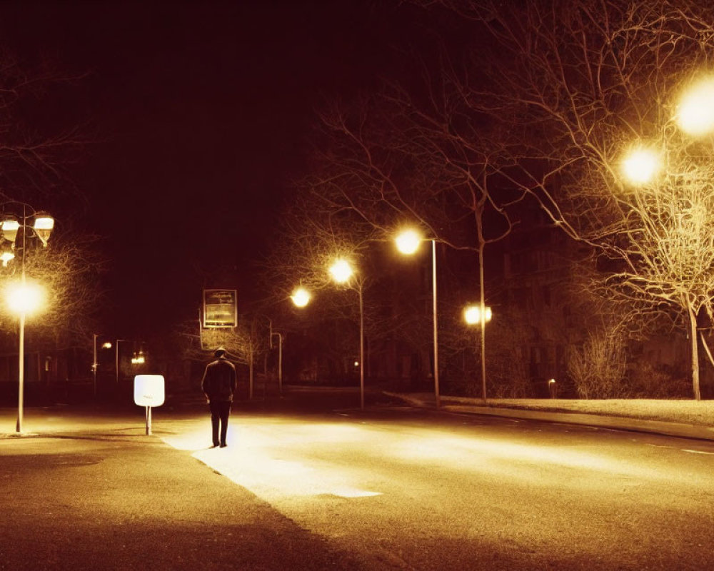 Solitary figure at dimly lit bus stop on deserted street